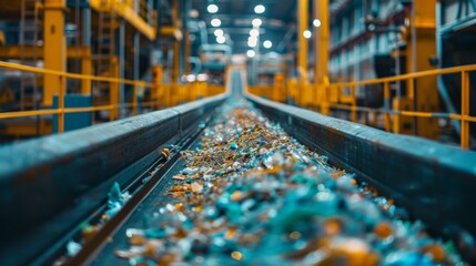 Aufkleber - Conveyor belt is filled with mixed recyclable materials in a bustling industrial facility. Bright lights illuminate the machinery and ongoing processing activities in the background.