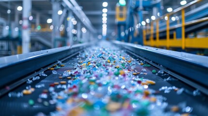 Aufkleber - Various pieces of colorful plastic waste scatter on a conveyor belt in a recycling plant, highlighting the sorting process during daytime operations in an industrial setting.