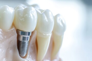 Aufkleber - Close-up of a dental implant being placed in a realistic jaw model on a white background showcasing precision and detail in dental care practices