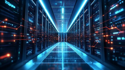 Wall Mural - futuristic data center: server room racks with neon lights for cloud computing and cybersecurity inf