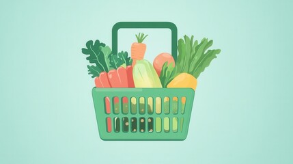 Poster - Minimalistic illustration of a green shopping basket brimming with fresh fruits and vegetables set against a soft pastel background