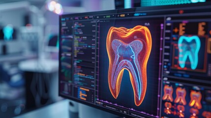 Fototapete - A vibrant display shows intricate details of tooth anatomy on a computer monitor within a contemporary dental practice. The setting suggests advanced technology use in dental health assessments.