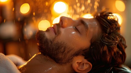 Poster - A man rests peacefully as warm water cascades over his face, surrounded by warm ambient lights that enhance the calming atmosphere of the spa environment.