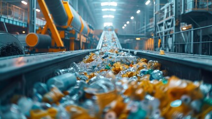 Aufkleber - Brightly lit sorting facility displays a conveyor belt loaded with various plastic bottles moving for recycling, highlighting efficient waste management processes.