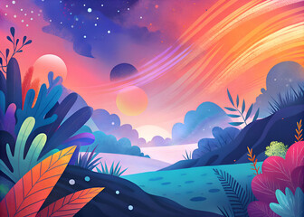 A colorful fantasy landscape with a sunset sky and lush foliage.