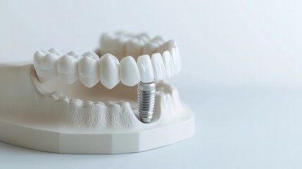 Aufkleber - Detailed close-up of dental implant placement into realistic jaw model on bright minimalistic background