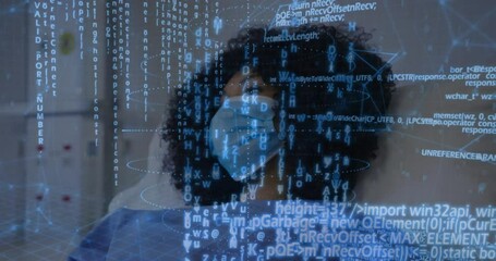Wearing mask, medical professional with animation of digital data coding overlay