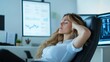 © Lion - Woman leaning back in her chair, surrounded by graphs and reports, holding her temples, soft ambient lighting, stressed and reflective corporate atmosphere