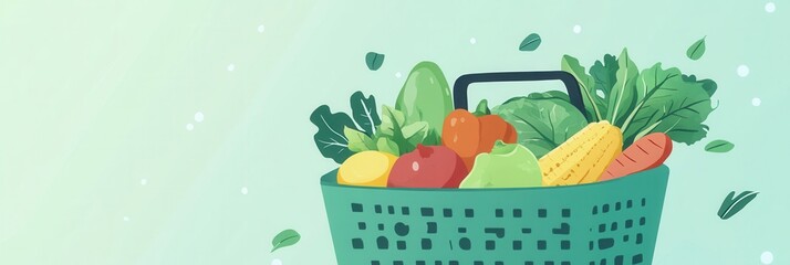 Poster - Fresh fruits and vegetables arranged in a green shopping basket on a soft pastel background in a minimalistic style