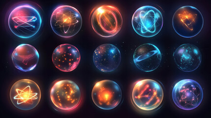 geometry grid 3d sphere with light dots, atom orb, science chart of particles or virtual reality bal