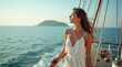 © Arra Vais - Relaxed woman enjoying sea breeze on a yacht with serene ocean view and copy space.