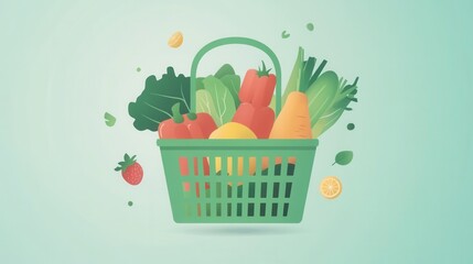 Poster - Minimalistic illustration of a green shopping basket overflowing with fresh fruits and vegetables against a soft pastel background