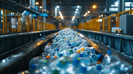 Aufkleber - Plastic bottles are being processed on a conveyor belt at a recycling facility, with machinery operating and bright lights illuminating the workspace in the background.