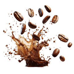 Coffee beans exploding in a splash of rich brown liquid A delightful caffeine burst