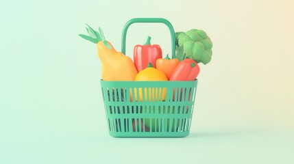 Poster - Minimalist illustration of a green shopping basket filled with vibrant fresh fruits and vegetables against a soft pastel background that inspires healthy eating