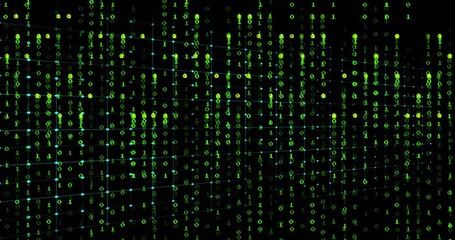 Animation of blue heartbeat line moving over green binary code background