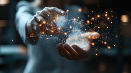 Wall Mural - businesswoman holding and interacting with a floating network of connections made of glowing dots an
