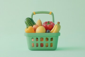 Poster - Fresh fruits and vegetables in a green shopping basket against a soft pastel background creating a minimalistic illustration