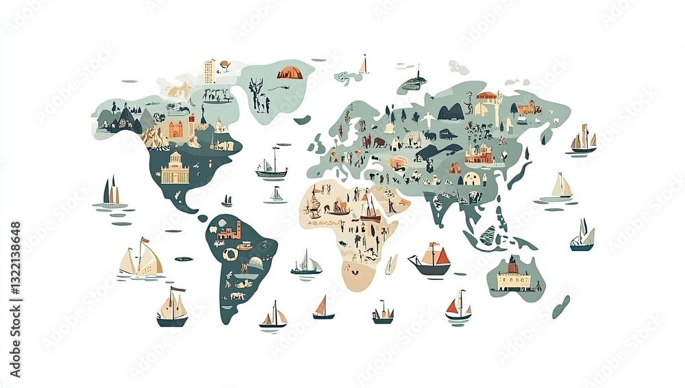 World Map All Inscriptions World map with historical landmarks. Detailed illustrations of various ...