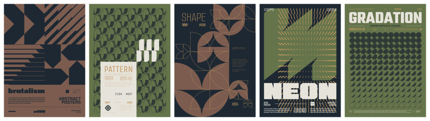 Poster - Set modernism art colorful trendy posters, artwork in minimalism and brutalism style, abstract geometric A4 rave postmodern composition, vector simple shapes print graphic in Y2K aesthetics, set 18