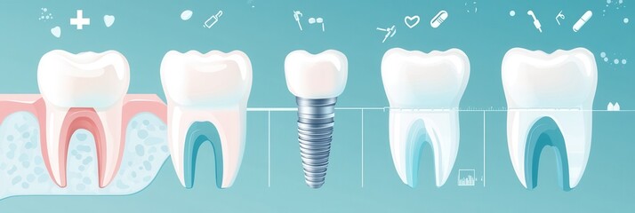 Aufkleber - Step by step process of dental implant placement demonstrated in a smooth infographic style with blue medical tones