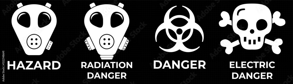 HUD-style danger zone warning frame set with high-tech alert symbols. A ...
