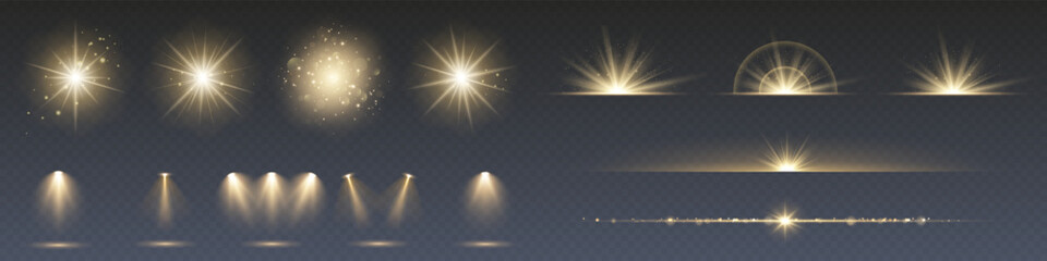 Wall Mural - a collection of sun stars with radiant light rays and sparkling glow effects. vector illustration fe