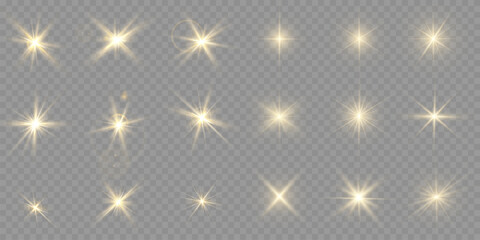 Wall Mural - a collection of sun stars with radiant light rays and sparkling glow effects. vector illustration fe