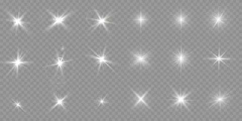 Wall Mural - a collection of sun stars with radiant light rays and sparkling glow effects. vector illustration fe