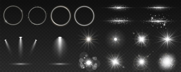 Wall Mural - a collection of sun stars with radiant light rays and sparkling glow effects. vector illustration fe