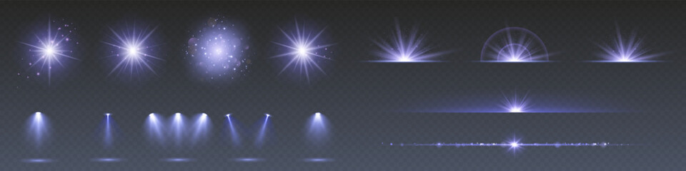 Wall Mural - a collection of sun stars with radiant light rays and sparkling glow effects. vector illustration fe