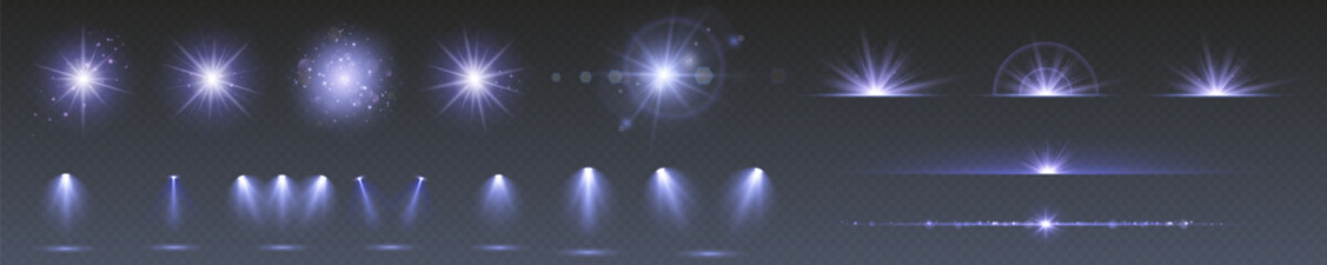 Wall Mural - a collection of sun stars with radiant light rays and sparkling glow effects. vector illustration fe