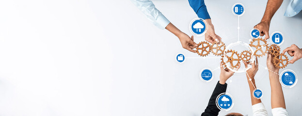 Fototapete - A diverse group of hands collaborates to assemble gears, surrounded by technology icons. This image symbolizes teamwork, innovation, and connectivity in a modern computing environment. Amity