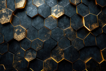 Wall Mural - abstract dark hexagon pattern with gold accents, glowing edges, and textured surface.