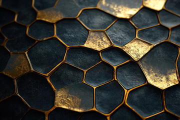 Wall Mural - abstract dark blue and gold hexagonal pattern, textured and luxurious background.