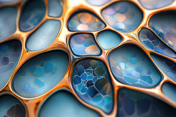 Wall Mural - abstract close-up of a mesmerizing, organic, metallic structure with teal and gold hues.