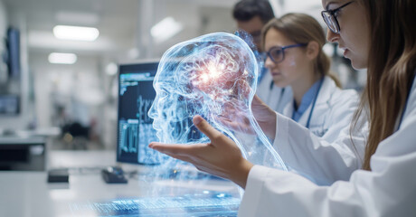 Aufkleber - A group of interns focuses on a holographic display of a human head while engaged in advanced medical training. Their concentration highlights the importance of technology in healthcare education.