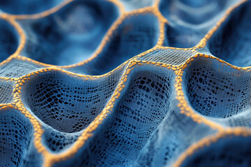 Abstract 3D rendering of a textured blue fabric with honeycomb-like structure and orange seams.