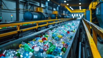 Aufkleber - Plastic bottles are being sorted on a conveyor belt in a recycling facility. Workers oversee the process, ensuring efficient separation for future reuse and sustainability in waste management.