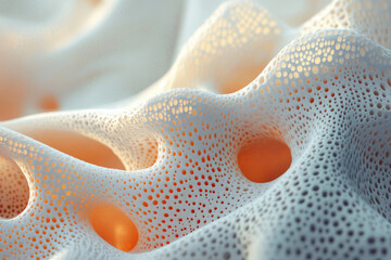 Poster - Abstract 3D render of a porous, undulating surface with a textured, organic look.