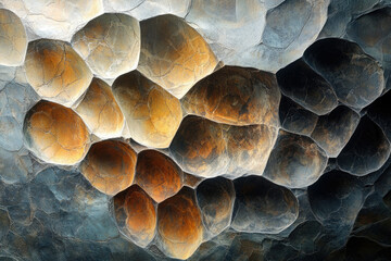 Wall Mural - Abstract image of a textured surface resembling a honeycomb or volcanic rock formation with deep crevices and varying shades of gray, brown, and orange.