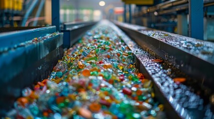 Aufkleber - A recycling facility operates at night, revealing a conveyor belt filled with colorful plastic bottles submerged in water, highlighting the importance of waste management and recycling efforts.
