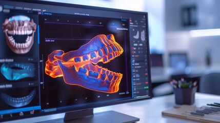 Fototapete - Advanced 3D software showcases a colorful visualization of dental anatomy on a sleek monitor, emphasizing jaw details in a contemporary dental office environment.