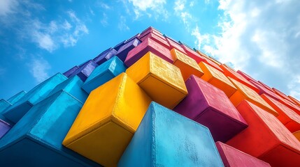 giant colorful pyramid of cubes appearing to glow against a crisp blue sky