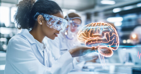 Aufkleber - A group of interns in laboratory coats examine brain activity using modern technology and 3D visualizations. Their focus highlights the future of neuroscience and medical advancements in healthcare.