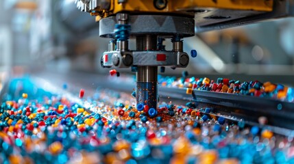 Fototapete - A machine is actively drilling into a vibrant mixture of plastic granules on a production line in a modern manufacturing facility. The bright colors of the granules stand out against the machinery.