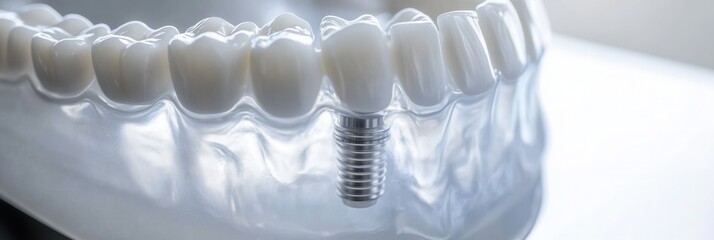 Aufkleber - Close-up of dental implant procedure in realistic jaw model with high-key lighting and soft shadows highlighting the intricate details of installation