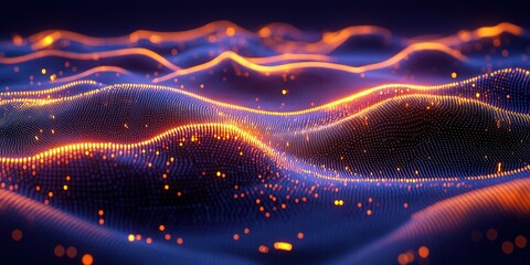 Wall Mural - abstract representation of waves with glowing points in a dark environment, showcasing a mix of colo