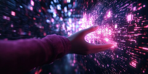 Wall Mural - exploring a vibrant digital landscape with a reaching hand and colorful particles in motion