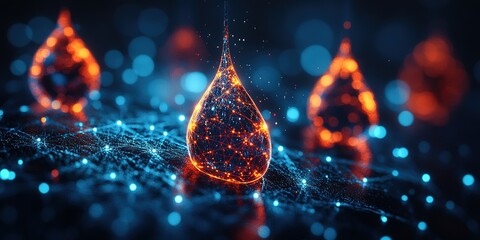 Wall Mural - digital representation of glowing droplets connected through a network of light at night with a futu